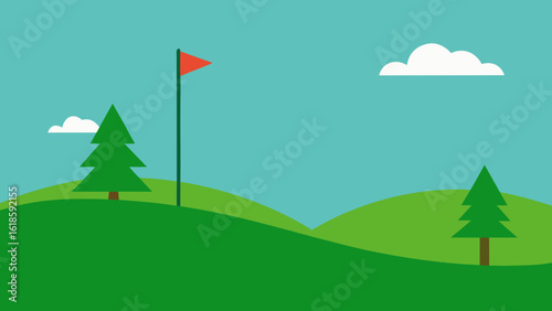 Minimalist Golf Course Scene with Flag Green and Clear Blue Sky
