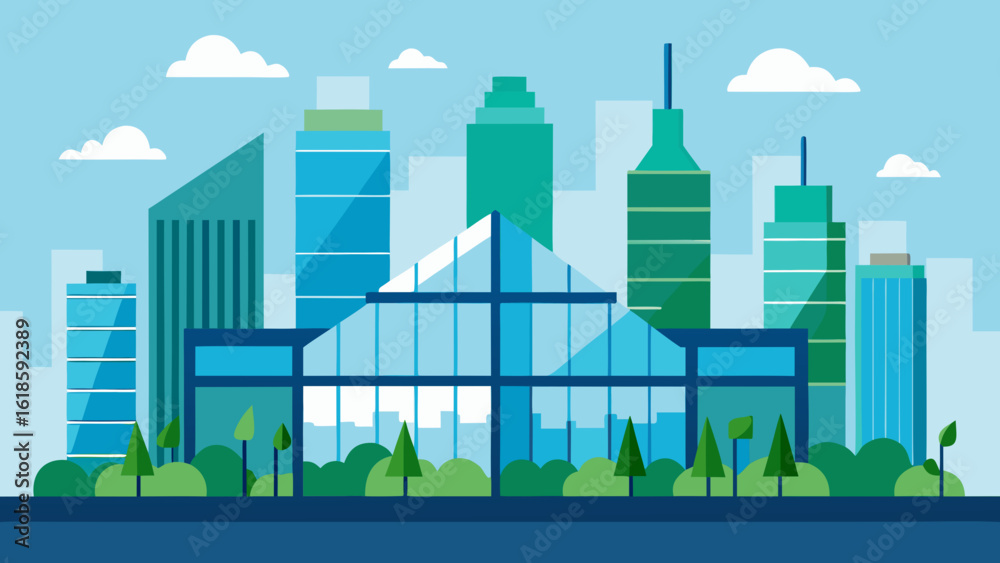 Naklejka premium Modern Skyline with Glass Buildings and Beautiful Rooftop Gardens
