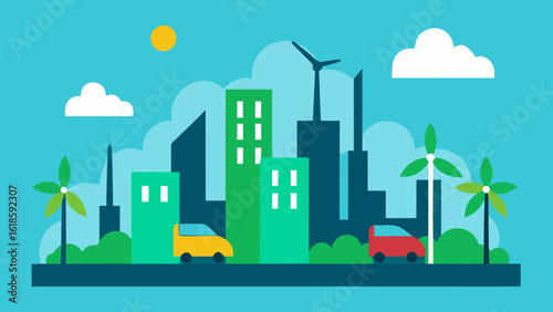 Modern Eco City Skyline with Wind Turbines Electric Vehicles and Green