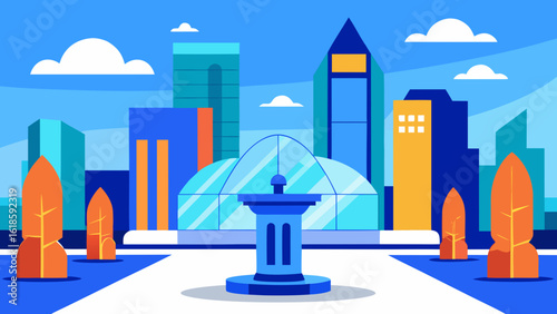 Modern City Plaza with Sculptures Glass Buildings and Urban Art
