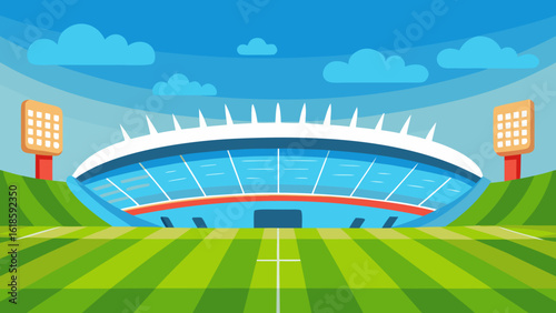 Modern Football Stadium Under Bright Daylight with Green Field