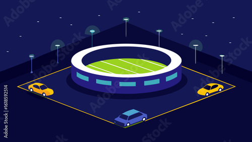 Night Stadium Aerial View with Glowing Ring Lights and Modern Design