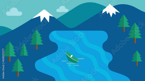 Aerial View of a Tranquil Mountain Lake with a Rowboat and Green Trees