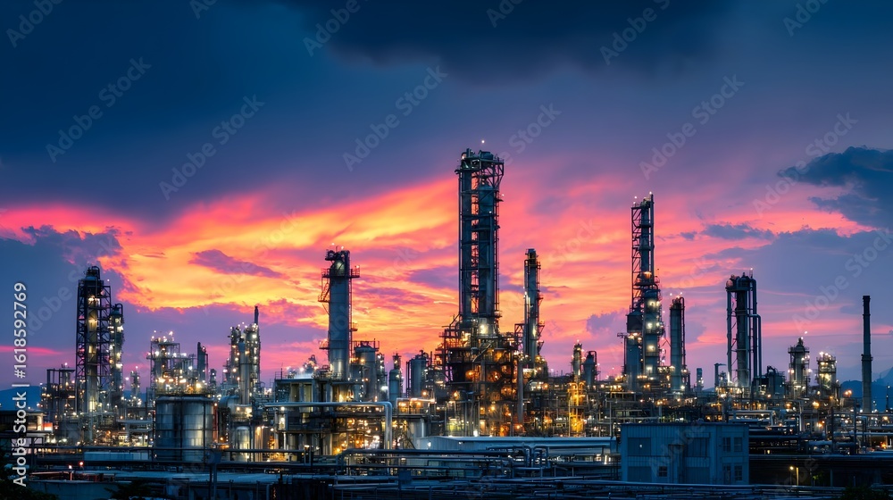 Obraz premium Oil refinery at dusk with glowing lights, complex piping, and tall towers against a colorful sky. Concept:Energy production, industrial infrastructure, oil and gas industry, petrochemical processing,