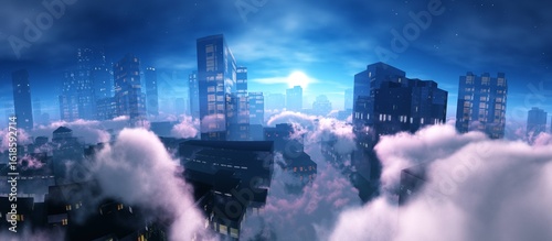 фотографія Skyscrapers at night among snow-white clouds, night city in clouds, 3d rendering