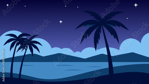 Clear Starry Night Sky Over Palm Trees on a Pristine Tropical Sea Beach