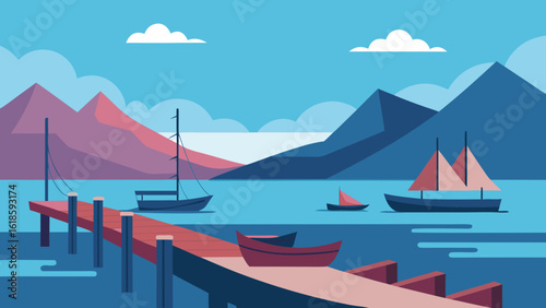 Calm Quiet Pier Scene With Boats Tied and Mountains in Distance