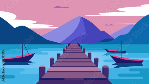 Serene Quiet Pier Scene With Boats Tied and Mountains in Distance