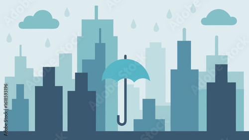 Gloomy Rainy Day City Skyline With Umbrella Silhouettes and Traffic