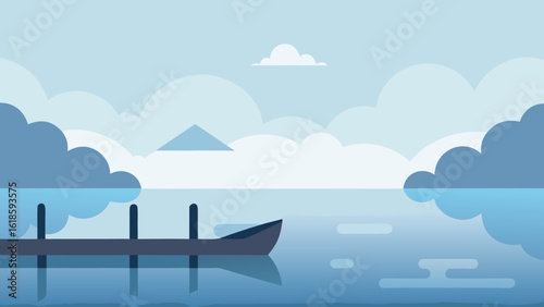 Tranquil Simple Dock Over Misty Water With Boat Silhouette Scene