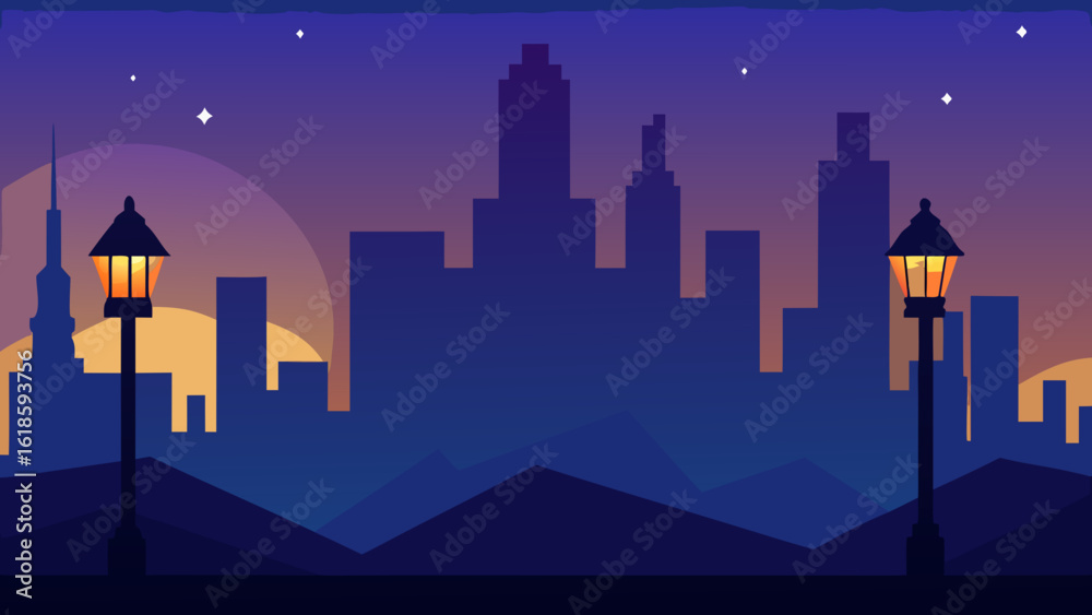 Fototapeta premium Enchanting Skyline at Twilight With Glowing Street Lamps and Roads