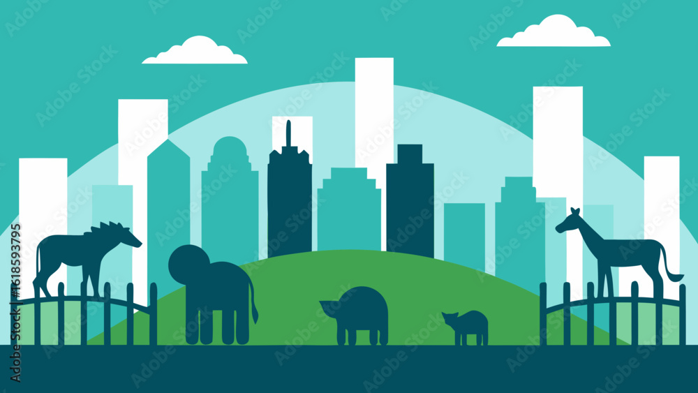 Naklejka premium Urban Skyline Behind a Zoo Enclosure With Animals in Foreground