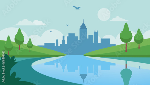 Peaceful Skyline Reflected in Calm Lake With Walking Path Scene