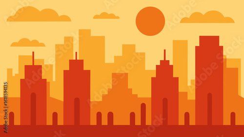 Sultry Skyline With Hot Summer Sun Haze and Crowded Sidewalks