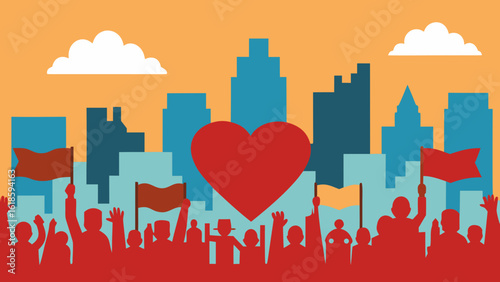 Powerful Skyline With Protest Crowd and Banners Social Movement