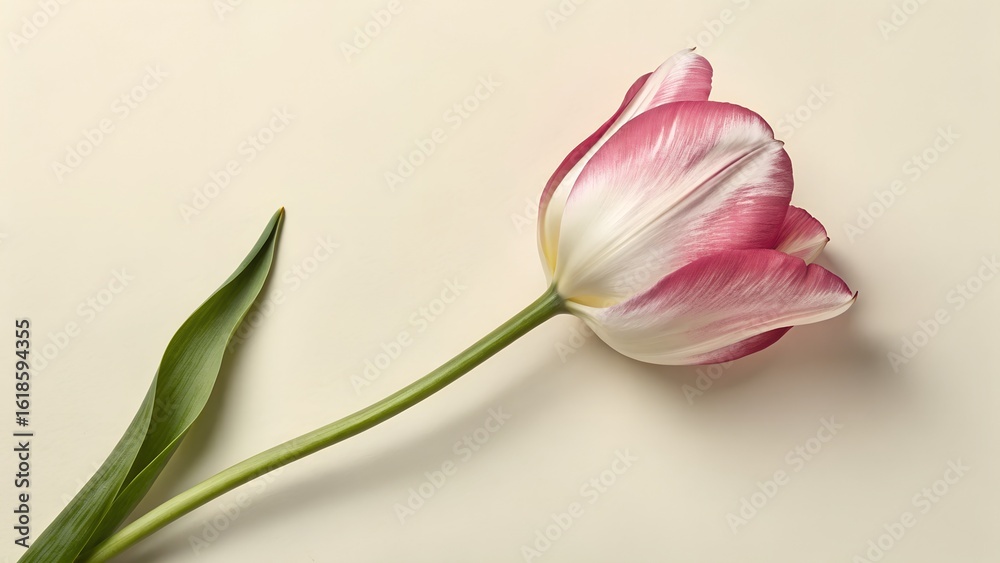 Naklejka premium A single fresh pink and white tulip flower with its green stem and leaf gently rests on a simple light background, highlighting its natural beauty.