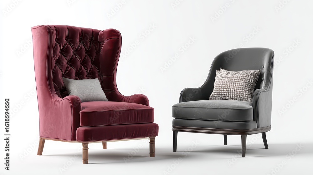 Fototapeta premium A pair of chairs with a red velvet upholing