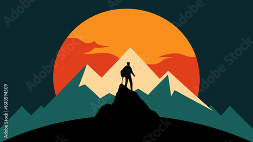 Brave Sunrise at Mountain Peak With Silhouette of a Climber