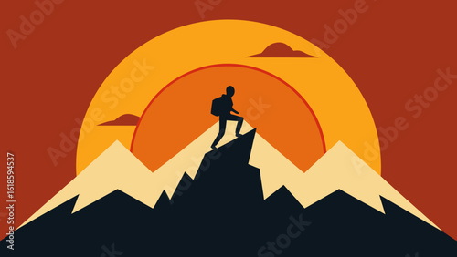 Inspirational Sunrise at Mountain Peak With Silhouette of Climber