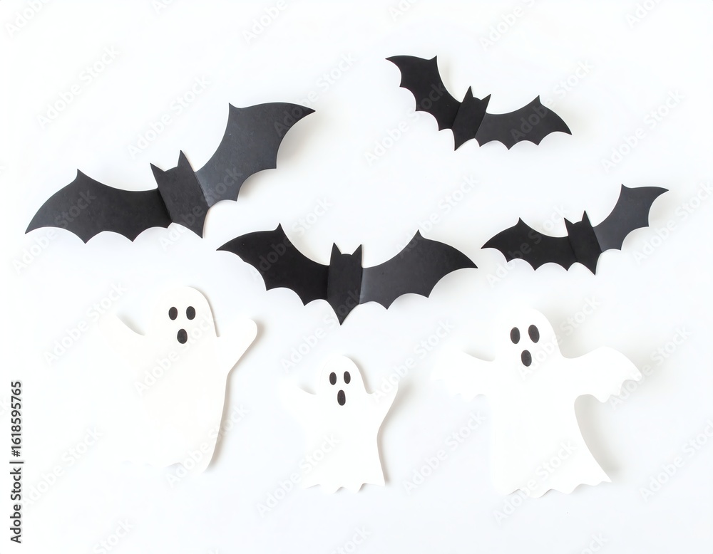 Fototapeta premium Cute paper ghosts and bats for Halloween decor.