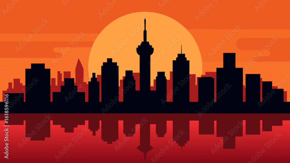 Fototapeta premium Experience the city skyline reflected in a river at sunset