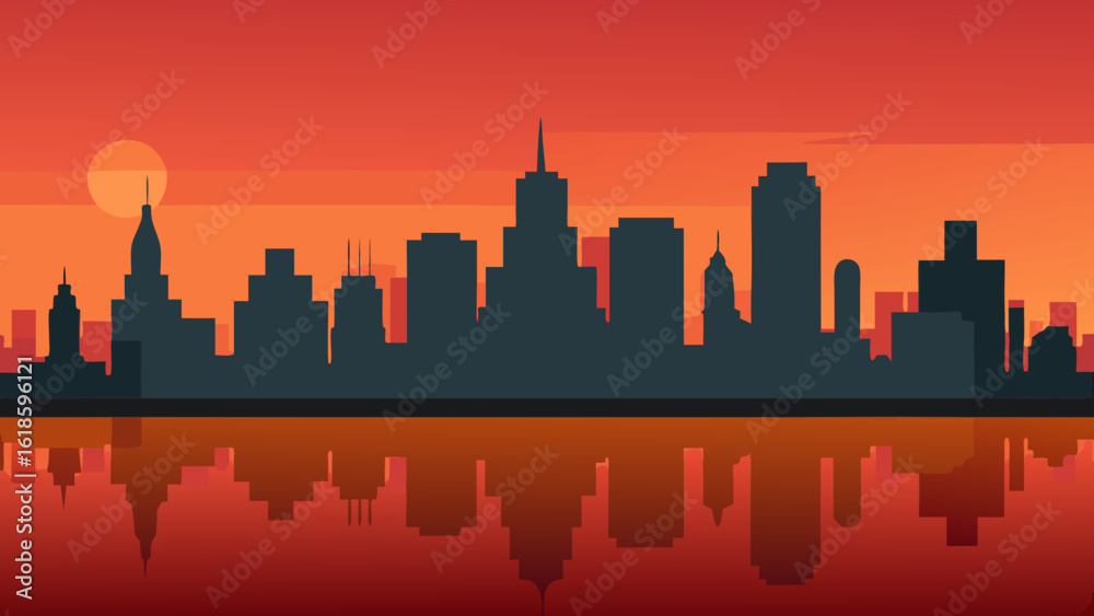 Obraz premium Experience the city skyline reflected in a still river at sunset