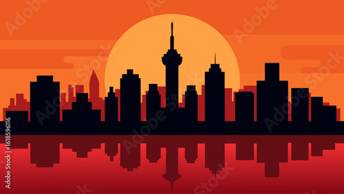 Experience the city skyline reflected in a river at sunset