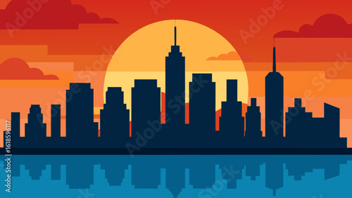 Witness the city skyline at sunrise viewed from across a river