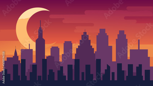 Witness the city skyline with a crescent moon at sunset evening