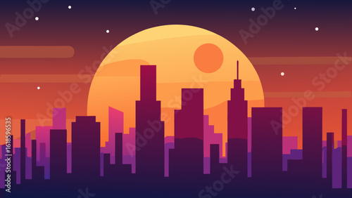Witness the city sky with a planet visible next to the moon at night