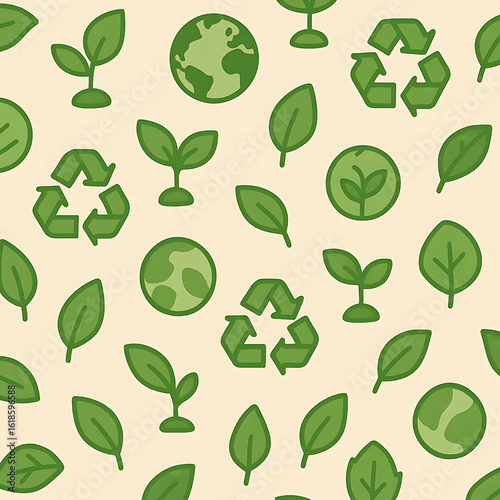 Wallpaper Mural Seamless pattern design featuring ecology symbols like green leaves, recycle arrows, and earth icons for a sustainable and eco-friendly background
 Torontodigital.ca