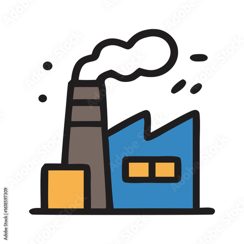 Vector icon of an industrial factory with chimney and smoke. Bold outline, flat color style. Ideal for manufacturing, pollution, industry, and production themes