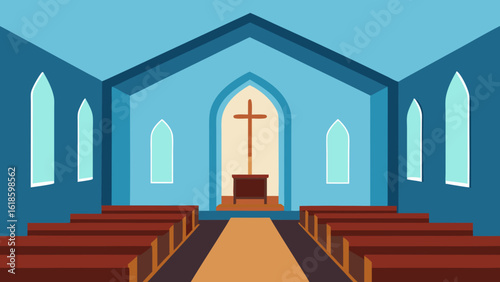 Discover the interior of an empty clean church or chapel sacred place