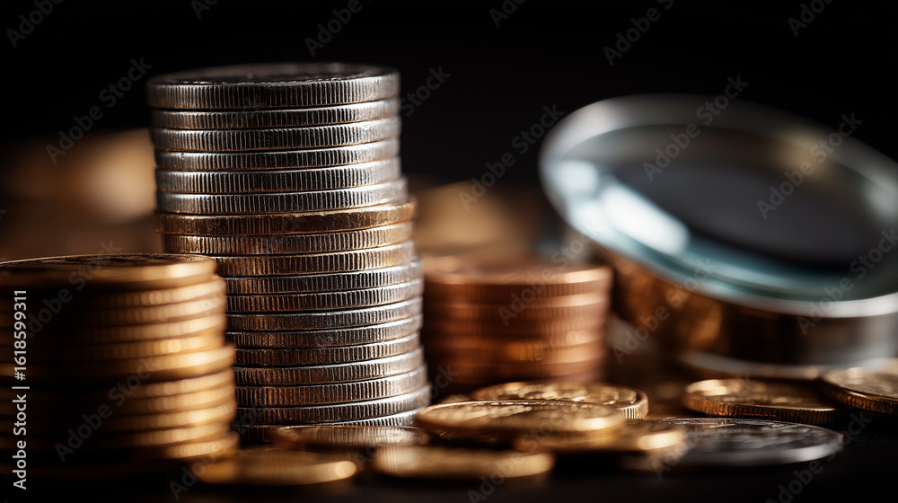 custom made wallpaper toronto digitalCoin Focus: A detailed and intriguing image featuring stacks of coins, showcasing the concepts of investment, wealth, and prosperity.