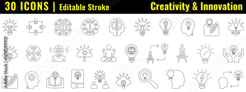 Creative work icon set. Editable stroke line icon. 30 thin line icon of creativity, innovation, idea generation. Brainstorm, thinking, brain, creative, light bulb, imagination etc
