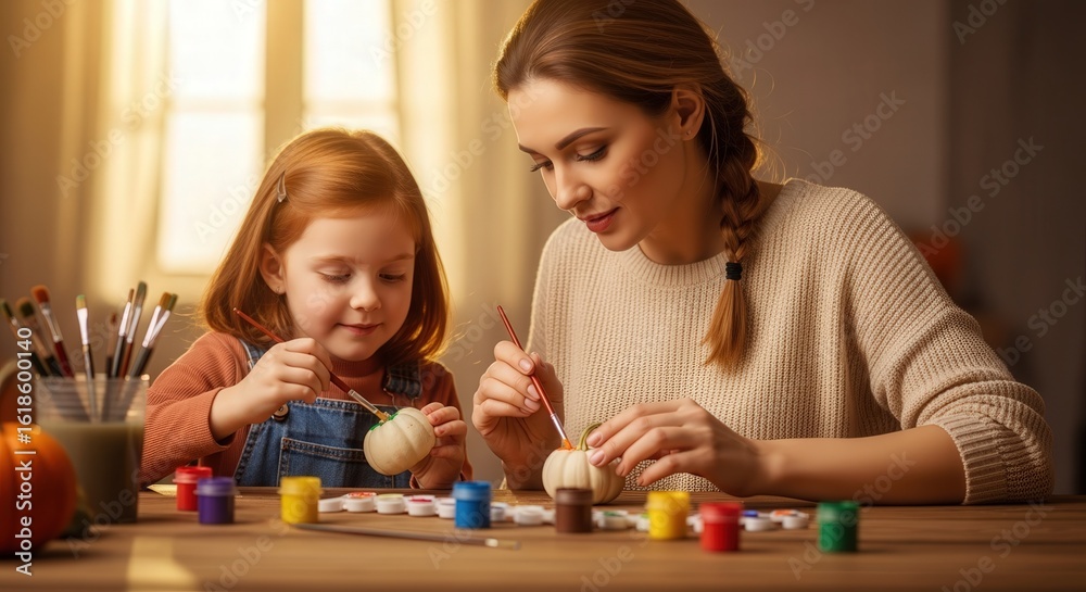 Obraz premium Mother and daughter painting small pumpkins together in cozy room for Halloween