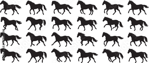 Vector set of black horse silhouettes showing running and standing horses in various poses