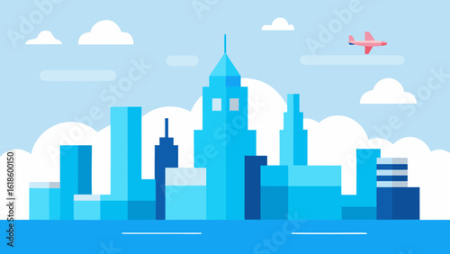 Serene Aerial View of a Coastal City Skyline with Soft Blue Tones