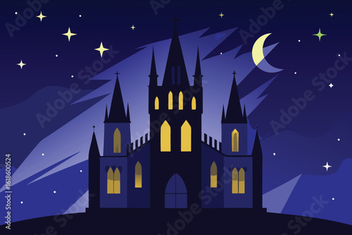  a gothic castle stands tall under the moonlight and starry night sky, creating a spooky scene vector illustration