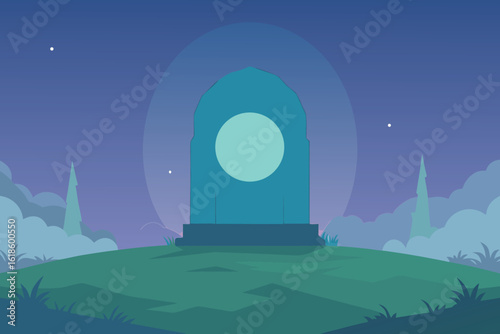  a mystical portal stands on a hilltop under a starry night sky, beckoning to another world vector illustration