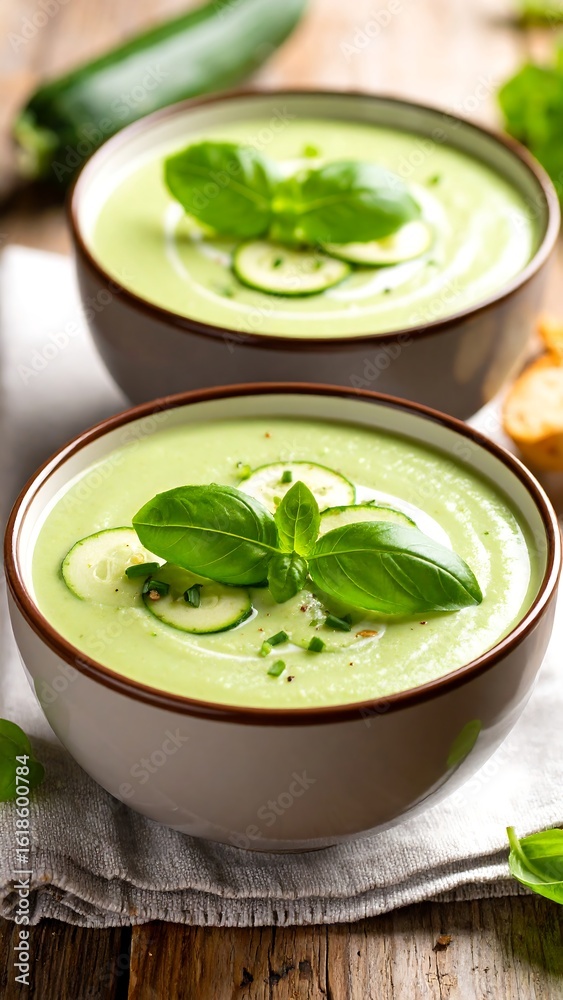 Creamy zucchini soup in bowls Creamy zucchini soup in bowls