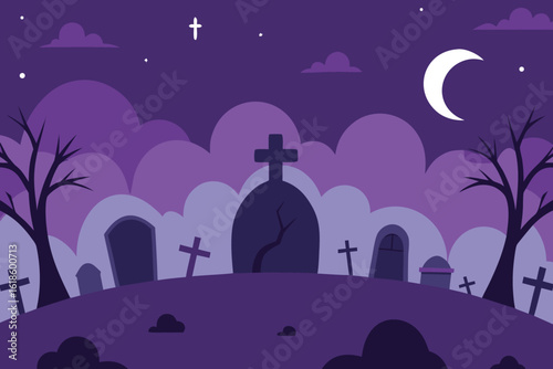  an eerie graveyard scene with tombstones under a crescent moon and starry sky vector illustration