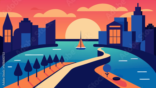 Vibrant Aerial View of a City with a Bustling Waterfront Promenade