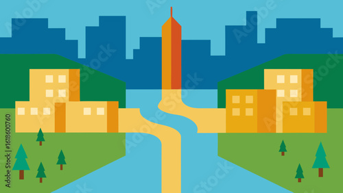 Expansive Aerial View of a City Divided by a Flowing River