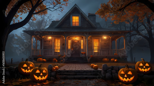 Spooky Halloween Home: An eerie, illuminated haunted house, shrouded in the mist of the late autumn evening, sits with carved pumpkins.