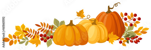 Colorful autumn pumpkins, berries and forest leaves clipart. Harvest Festival