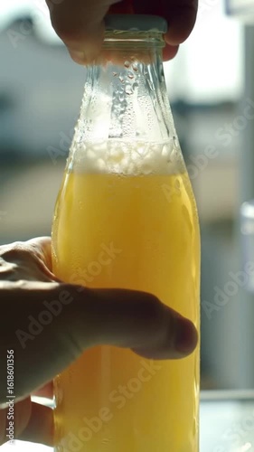 Macro slow-motion of cold juice bottle being taken out of the fridge