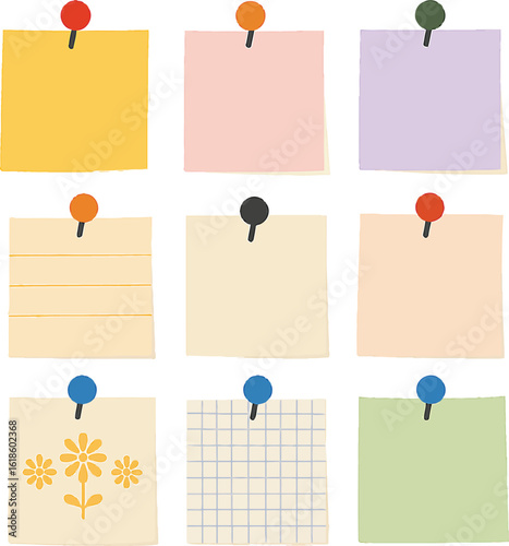 A set of blank yellow sticky notes with pushpins for office reminders and business messages