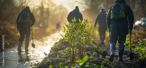 People planting trees along waterway