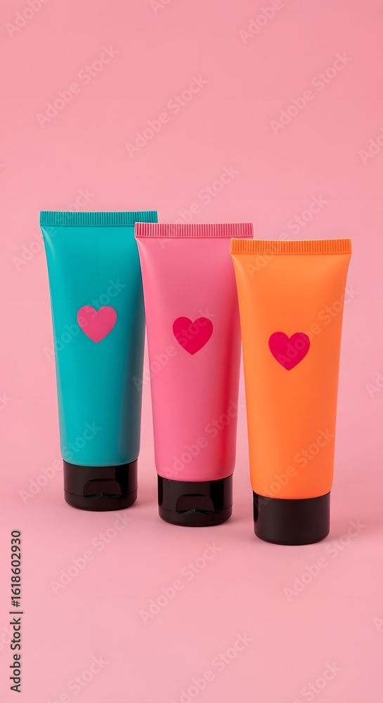 Fototapeta premium Colorful tubes of lotion with hearts on a pink background perfect for valentines day and beauty projects showcasing skin care and self care